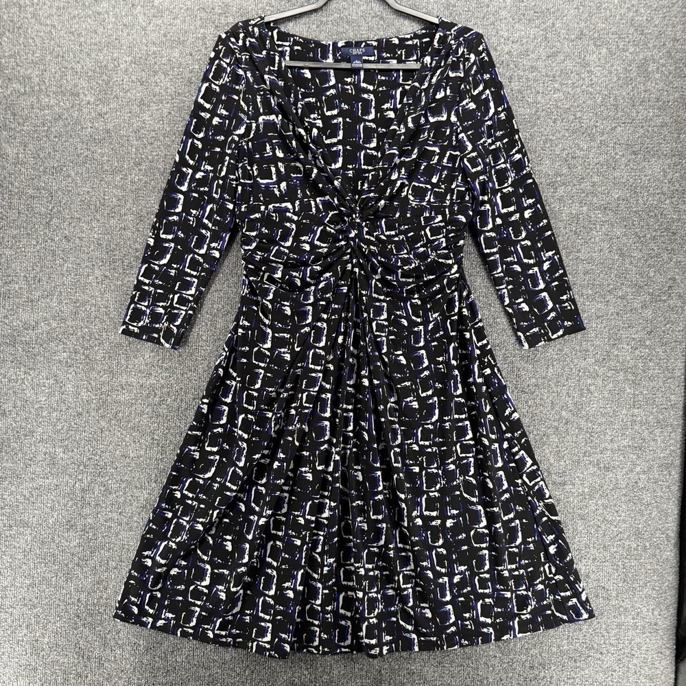 Chaps Dress Womens L Black Abstract‎ Fit Flare V-Neck Midi Old Money Modest
